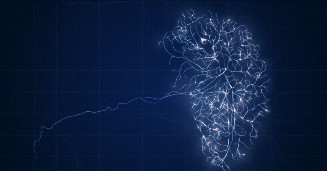 A glowing blue neural network illustration