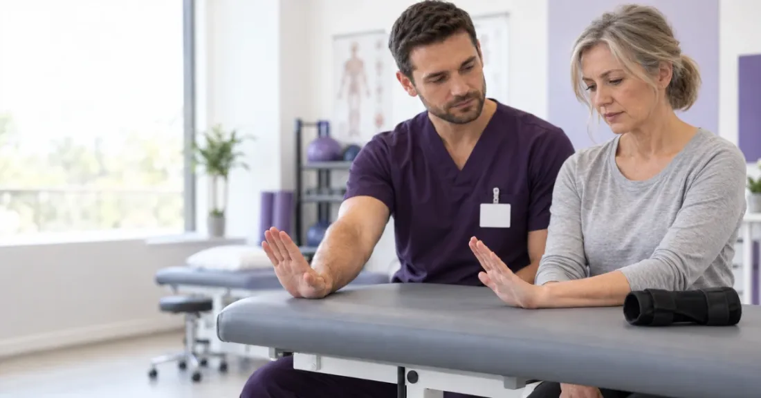 Physiotherapist guiding a patient through active wrist flexion exercises after a distal radius fracture.