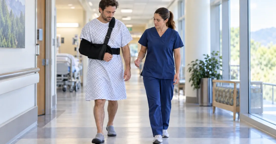 A post-op patient wearing a shoulder sling walking with a healthcare specialist down a hospital hallway.