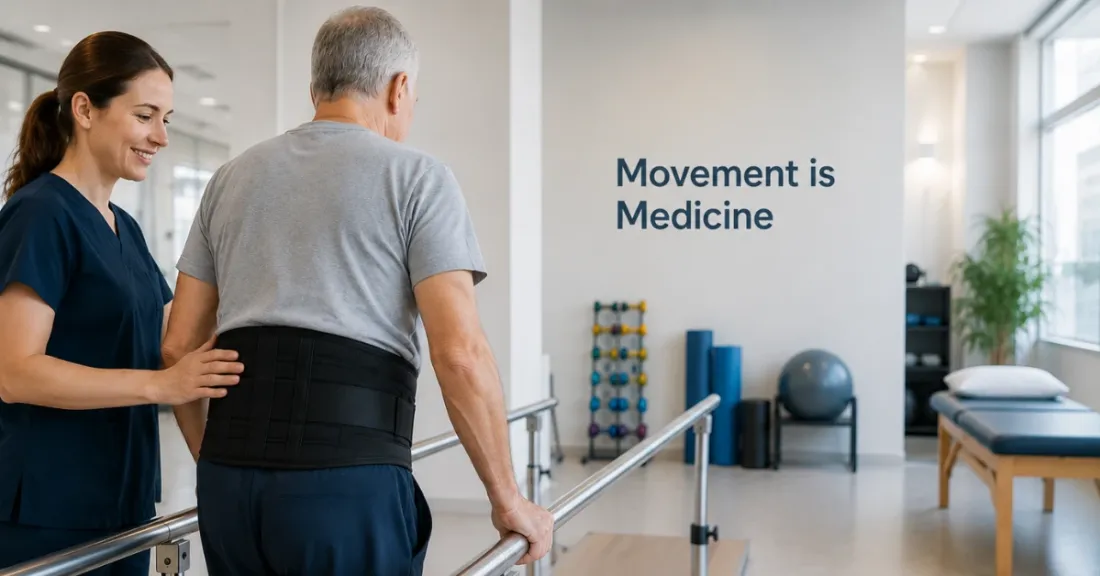 A physiotherapist guiding a patient through post-spine surgery rehabilitation walking exercises in a clinic setting.