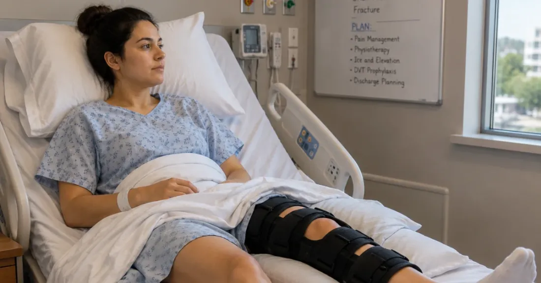 A patient lying in a hospital bed recovering from knee surgery with her leg stabilized in a black orthopedic brace.