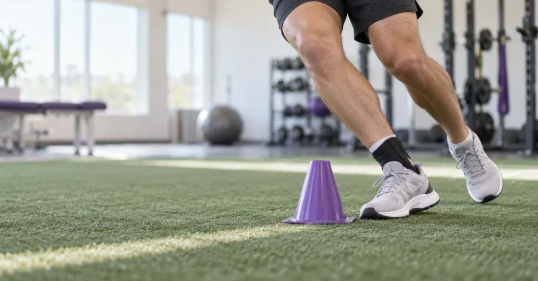 Man executing a dynamic side-to-side change of direction exercise around an agility cone to restore lateral ankle stability.