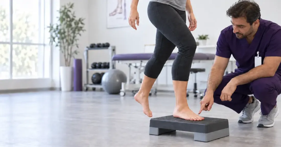 Physical therapist guiding a patient doing step exercises after hallux valgus surgery.