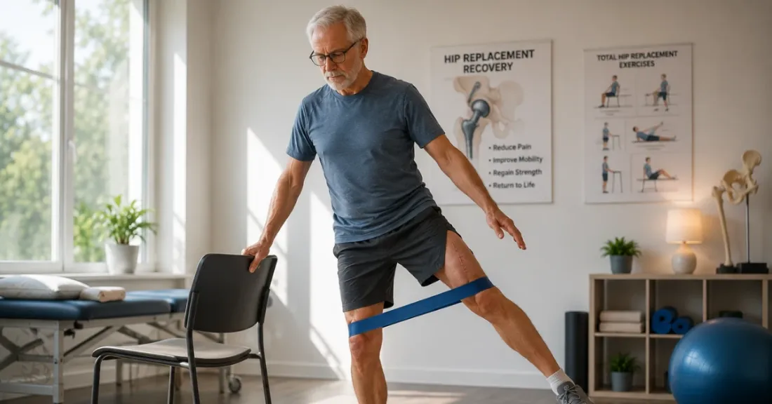 Senior male patient performing standing hip abduction with a resistance band during total hip replacement rehabilitation.