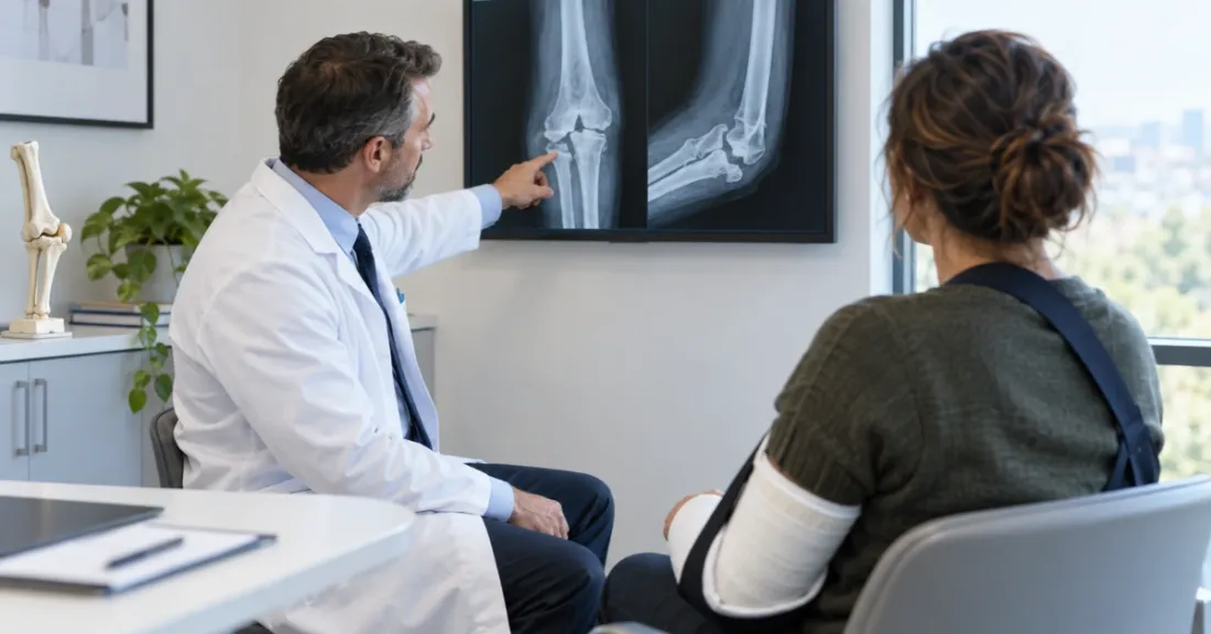 Orthopedic surgeon pointing to an elbow X-ray and discussing rehabilitation with a patient wearing an arm sling.