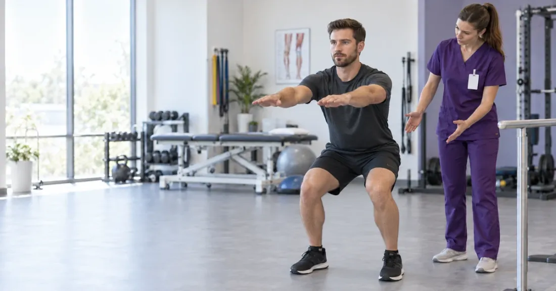 Man performing bodyweight squats during knee rehab supervised by a physical therapist.