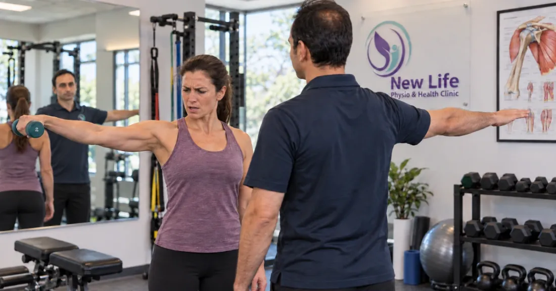 A female patient performing dumbbell shoulder abduction exercises guided by a physiotherapist at New Life Physio & Health Clinic.