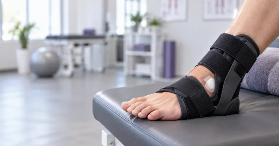 Patient's foot resting on a physical therapy bench wearing a supportive post-operative ankle brace.